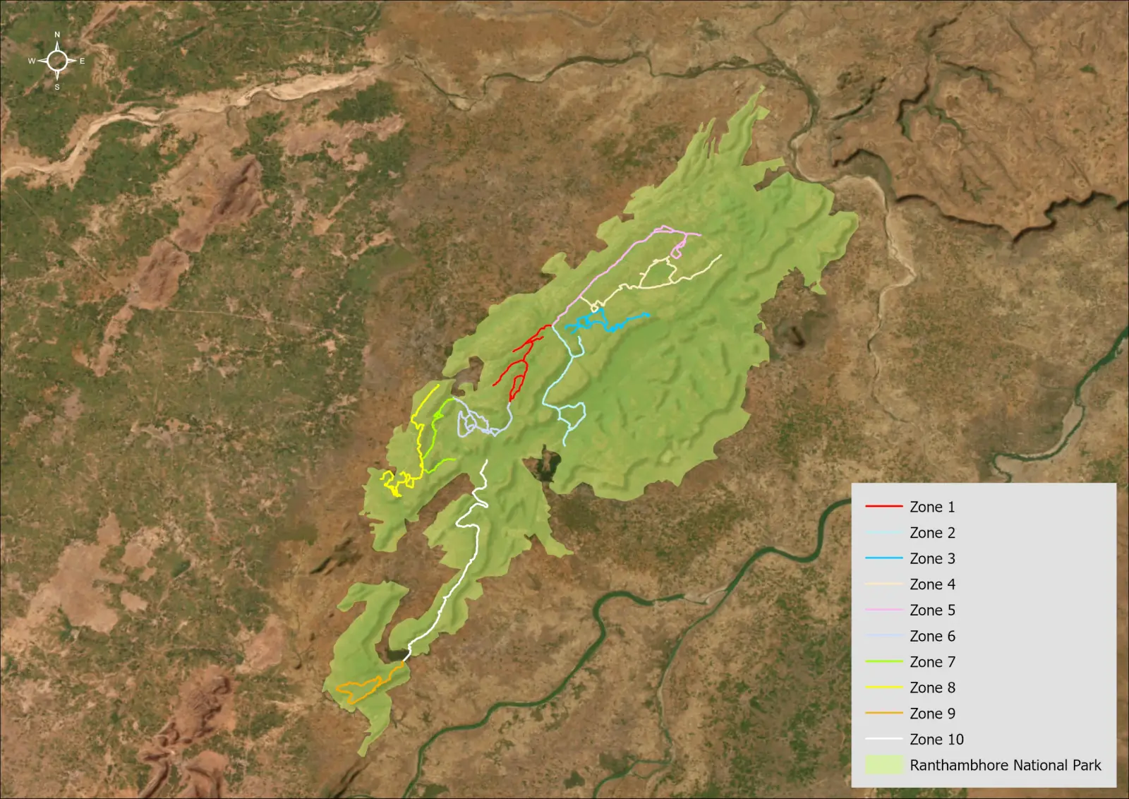 Satellite map of Ranthambore National Park with safari zones