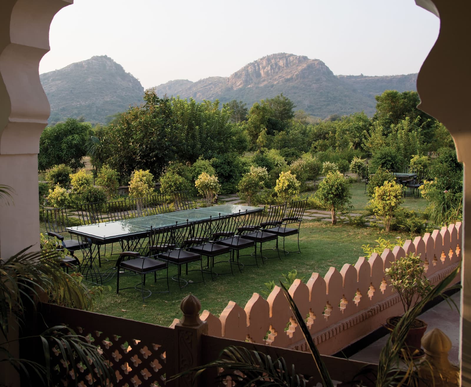 Outdoor dining patio at Ranthambhore Aangan at night