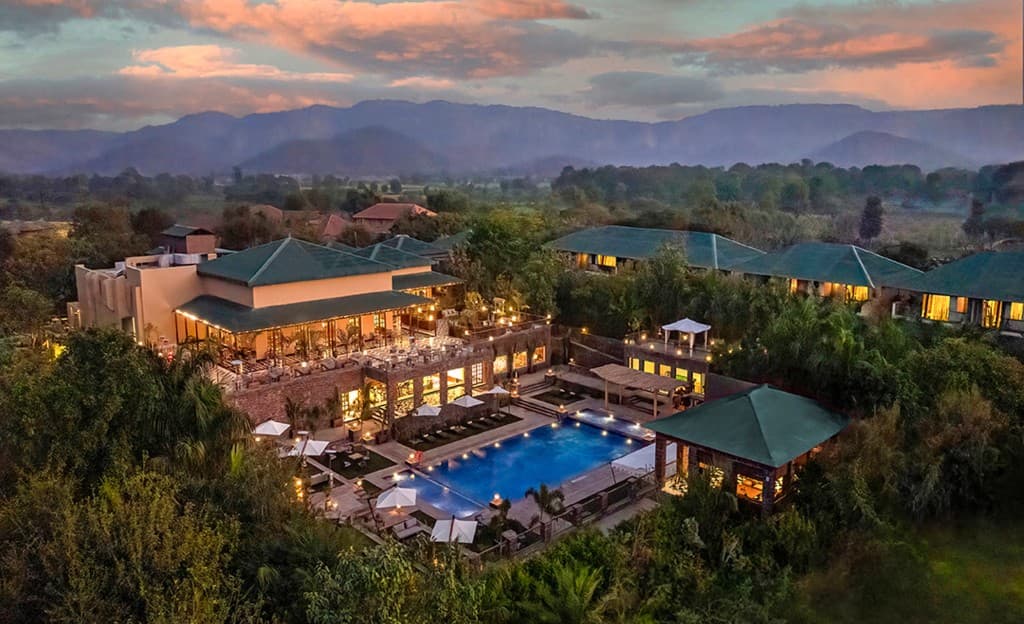 Aerial view of Taj Sawai, Ranthambore Lodge at twilight